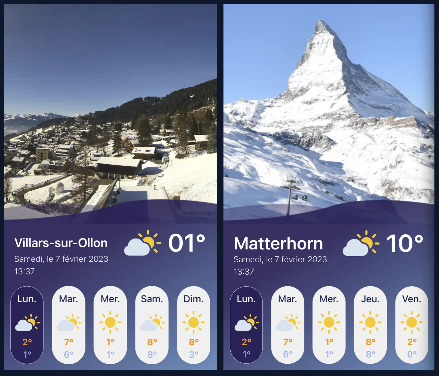 webcams MeteoCam en direct à Zermatt et Villars-sur-Ollon